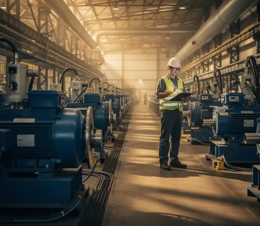 Technicus met helm inspecteert klembord bij elektromotor op fabriekshal met trillingssensoren op roterende machines.