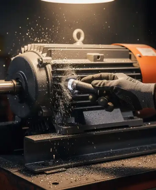 Technicus meet trillingen op industriële elektromotor met vibratiesonde, metaalspaanders zichtbaar rond de behuizing.
