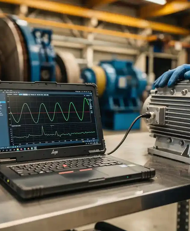 Technicus met gehandschoende hand op elektromotor terwijl industriële laptop trillingsdata toont in fabriek.