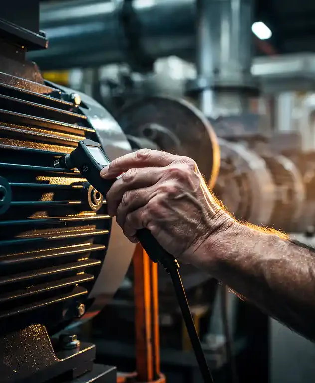 Technicus meet trillingen op draaiende industriële elektromotor met probe, omgeven door machinewarmte op actieve fabriekshal.