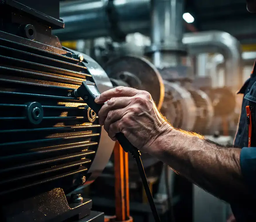 Technicus meet trillingen op draaiende industriële elektromotor met probe, omgeven door machinewarmte op actieve fabriekshal.