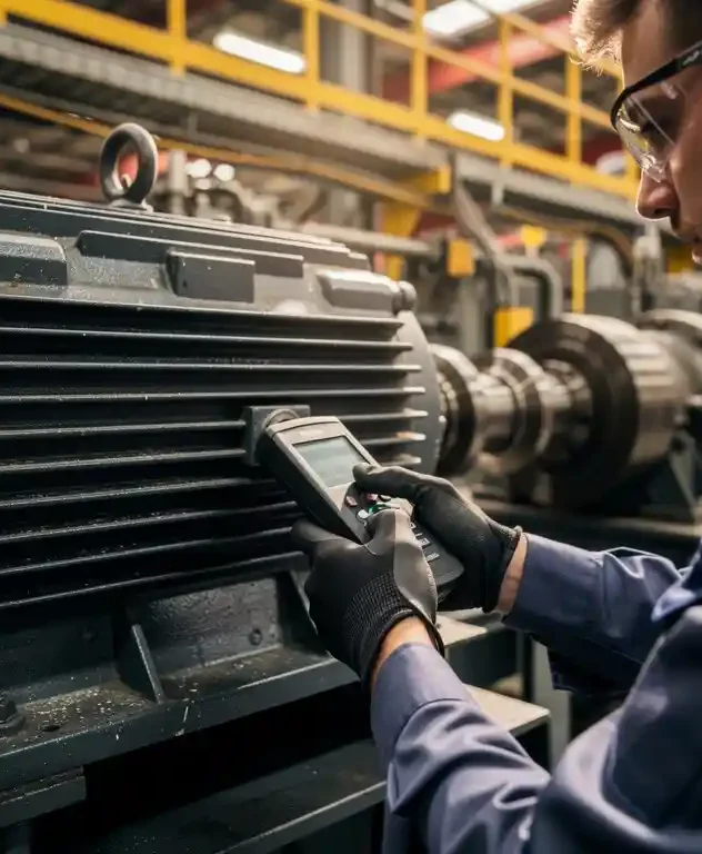 Technicus meet trillingen op grote industriële elektromotor met handheld probe, kabels en roterende machines op achtergrond.