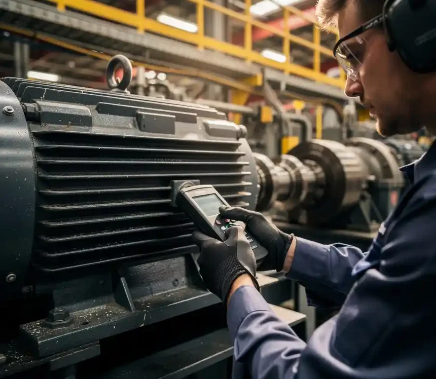 Technicus meet trillingen op grote industriële elektromotor met handheld probe, kabels en roterende machines op achtergrond.