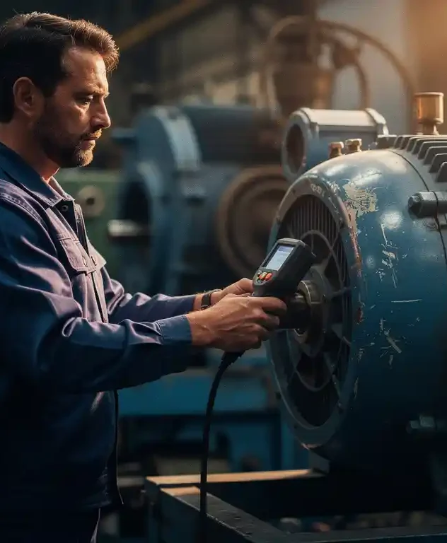 Technicus meet trillingen op grote industriële elektromotor met diagnostische probe, omgeven door zware machinerie in fabriekshal.