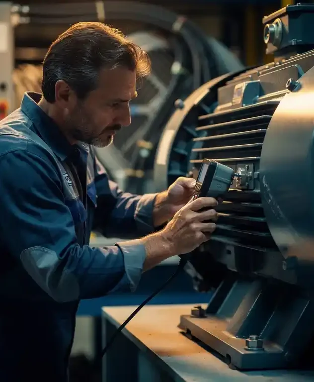 Technicus meet trillingen op industriële elektromotor met handheld sensor, frequentieregelaar zichtbaar op achtergrond.