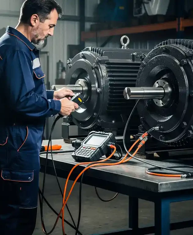 Technicus meet trillingswaarden op een grote industriële elektromotor met kalibreerde probe, datalogger op stalen ondergrond.