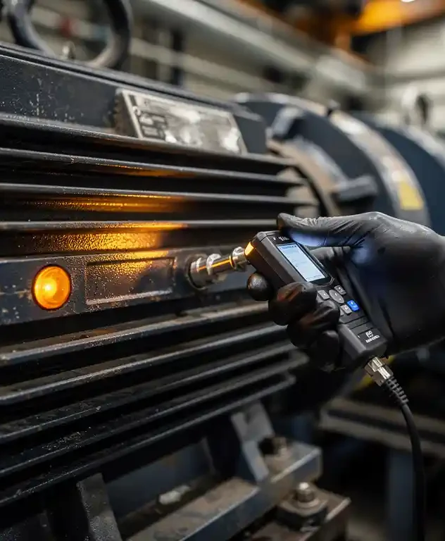 Technicus met vettige handschoen die een digitale vibratiesensor tegen een industriële elektromotor houdt, waarschuwingslampje brandt amberkleurig op de achtergrond.