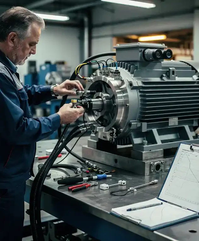 Technicus bevestigt trillingsmeetsensoren op gereviseerde elektromotor op stalen testbank in industriële werkplaats.