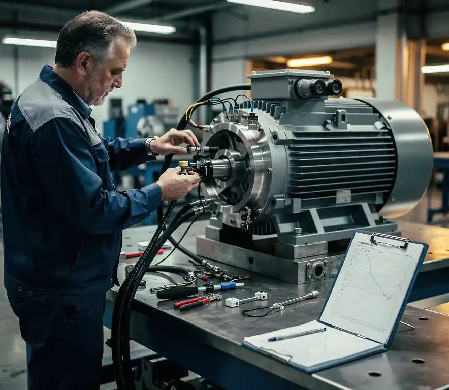 Technicus bevestigt trillingsmeetsensoren op gereviseerde elektromotor op stalen testbank in industriële werkplaats.