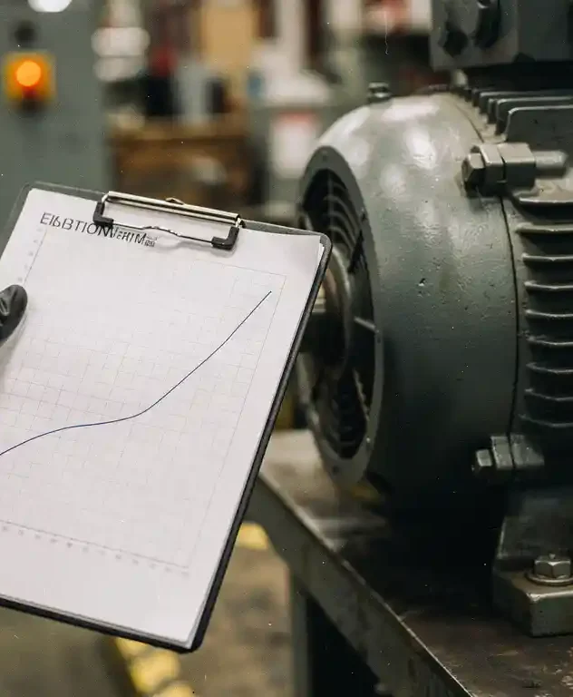 Technicus in handschoen houdt klembord met vibratiegrafiek naast industriële elektromotor op fabriekshal.