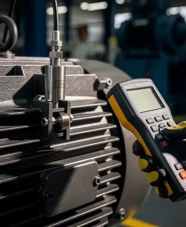 Trillingssensor geklemd op industriële elektromotor, technicus houdt gekalibreerde handheldmeter vast op fabriekshal achtergrond.