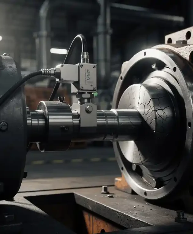Trillingsmeter geklemd op roterende elektromotoras met zichtbare scheurtjes in het lagerblok, dramatische zijverlichting op industriële fabrieksvloer.