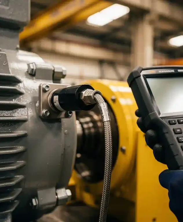 Trillingsmeetsensor geklemd op industriële elektromotor, technicus met gehandschoende hand houdt datalogger vast, fabriekshal op achtergrond.
