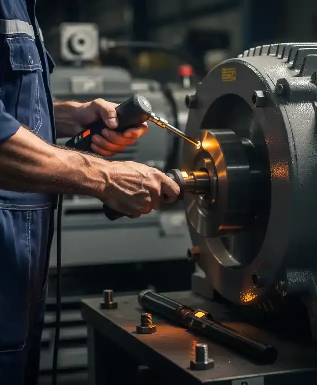 Technicus meet trillingen op roterende elektromotoras met handheld probe, laseruitlijningstool op behuizing, industriële fabriekshal.