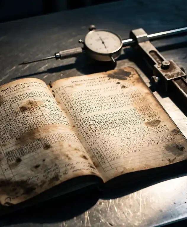 Versleten industrieel logboek met handgeschreven trillingsmetingen op een stalen werkbank, naast een precisie-meetklok en kalibratietool.