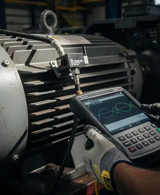 Trillingsmeter geklemd op industriële elektromotor, technicus met datalogger toont golfvormmetingen op fabrieksvloer.