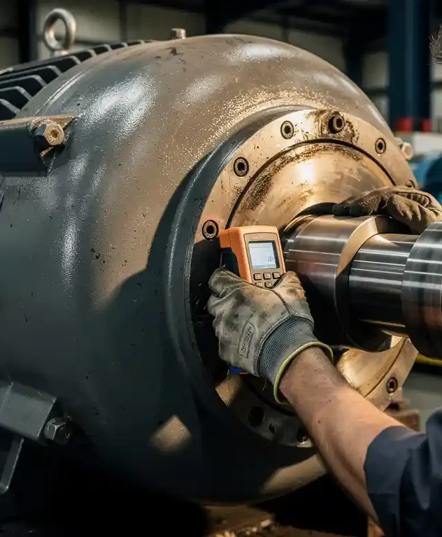 Technicus meet trillingen op lagerbehuizing van elektromotor met precisiesensor in industriële fabriek.