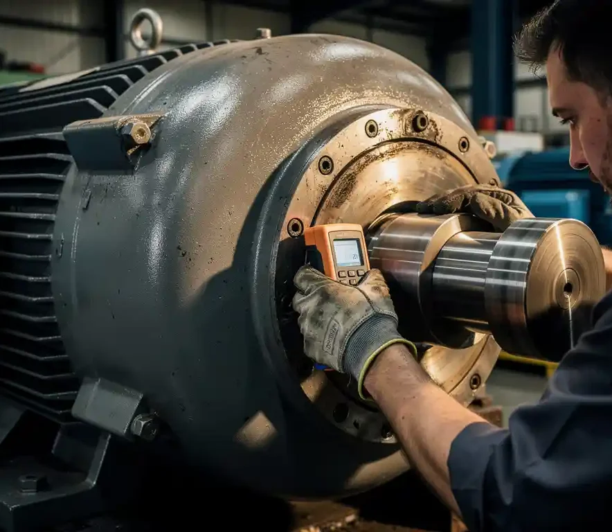 Technicus meet trillingen op lagerbehuizing van elektromotor met precisiesensor in industriële fabriek.